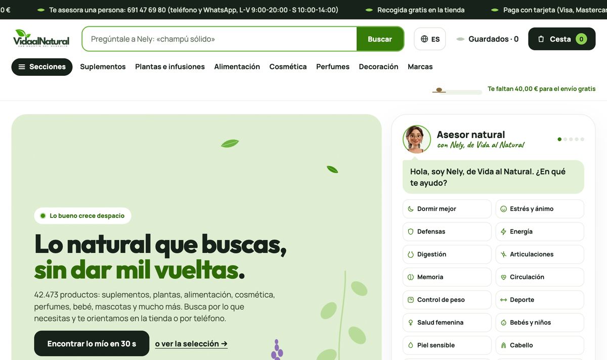 Portada de la tienda online de Vida al Natural: buscador «Pregúntale a Nely», secciones y el asesor natural con IA